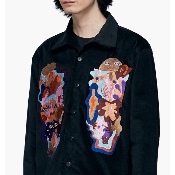 Carne Bollente Black Velvet Shirt Embroidered Erotic Graphic Button Front Sz M - Picture 2 of 8